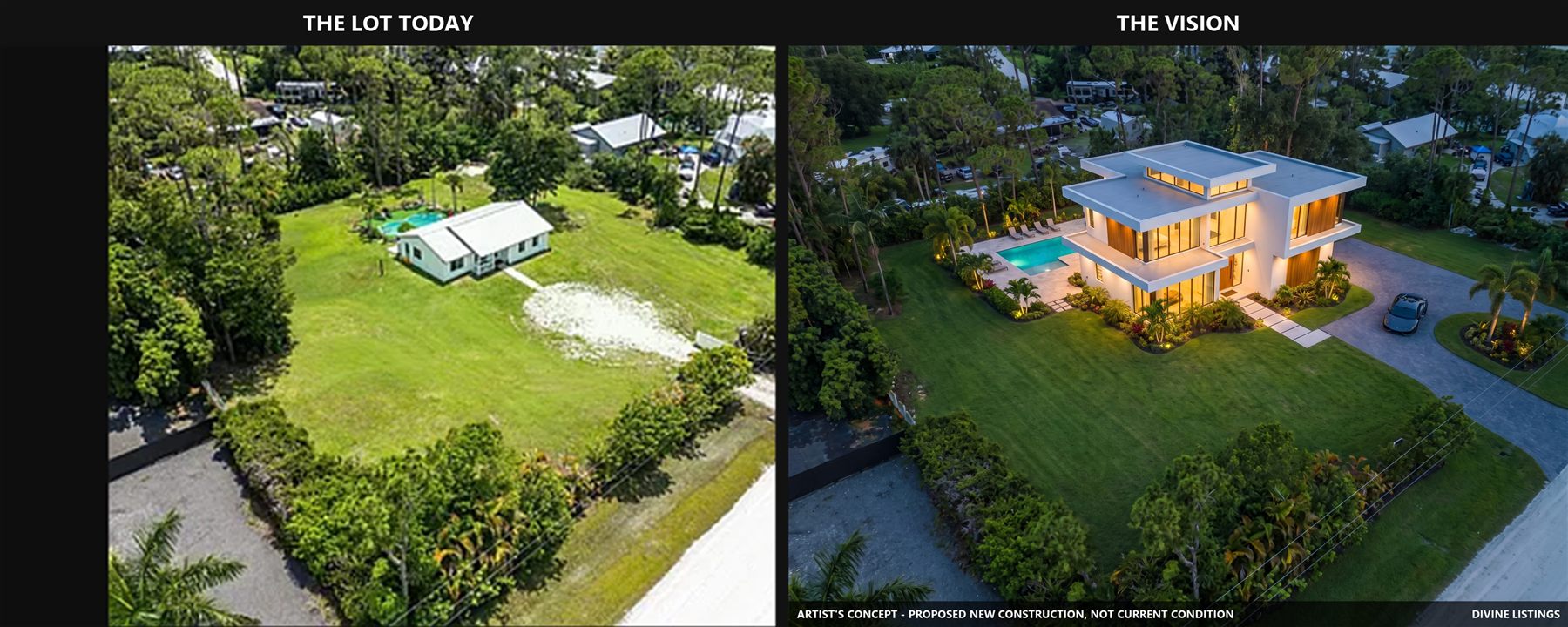 Before and after — aerial of the lot with proposed new construction