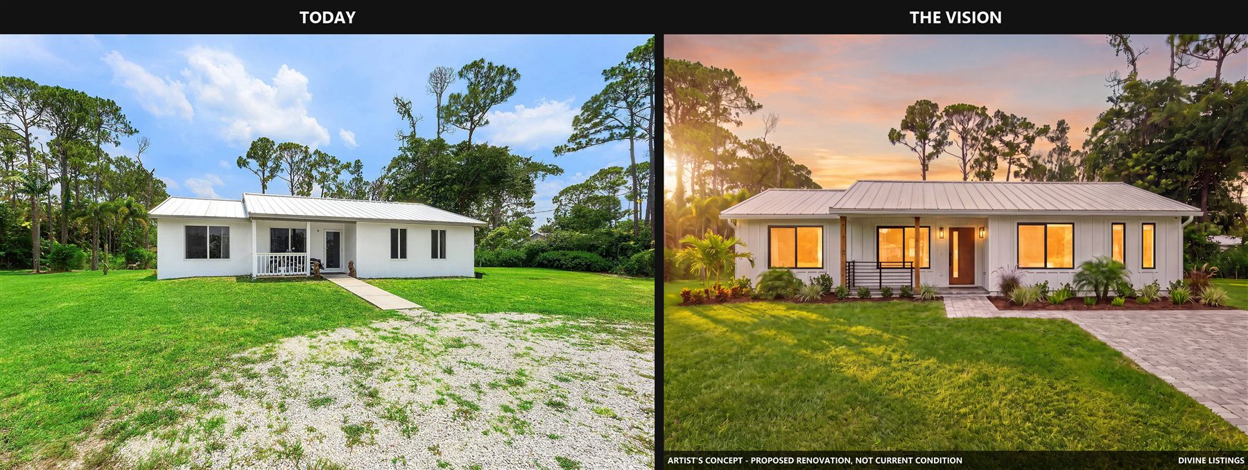 Before and after — coastal farmhouse renovation concept of the same rancher