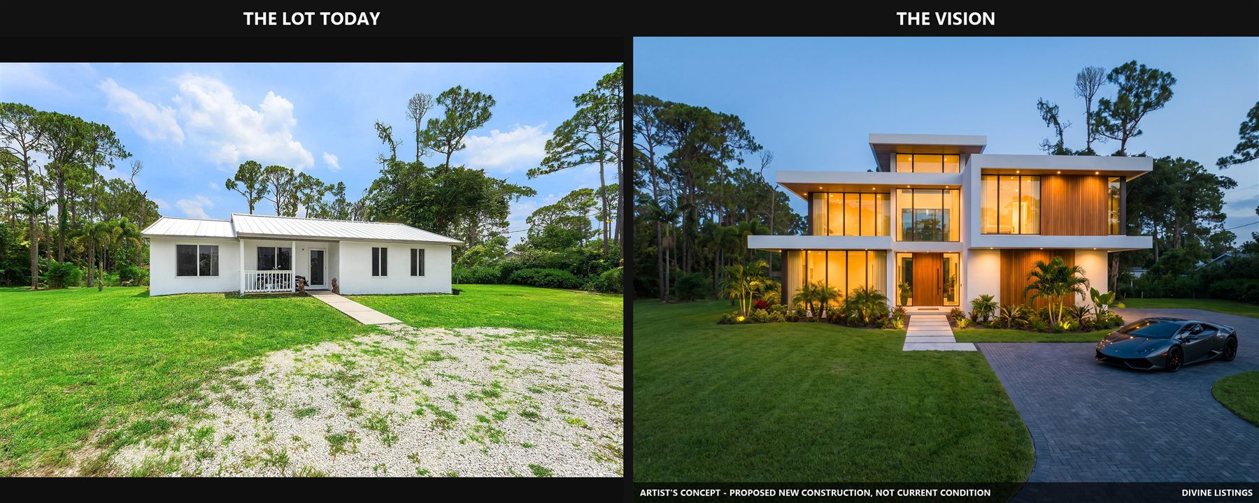 Before and after — the lot today vs the vision