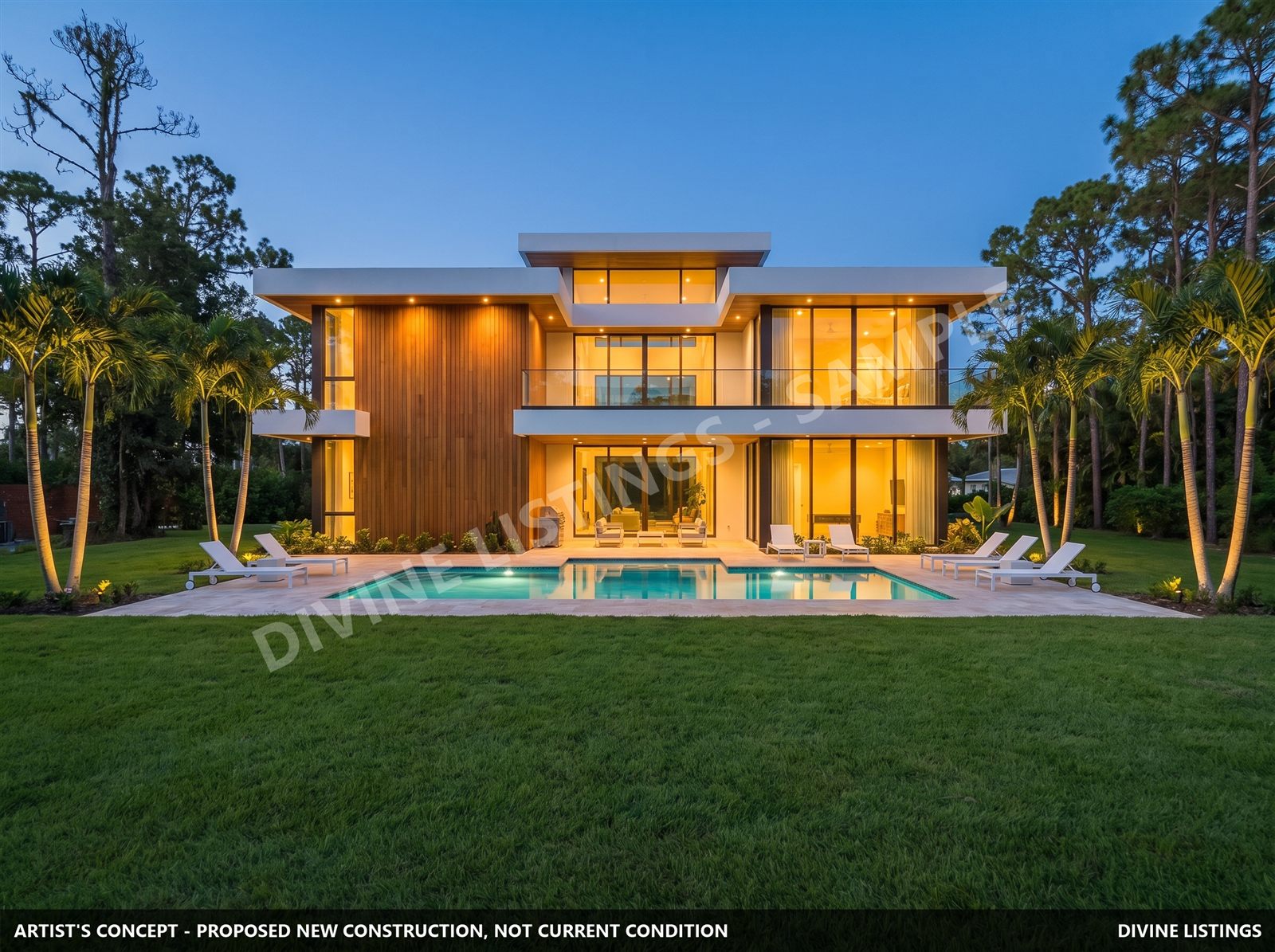 Dream build — backyard and pool at dusk