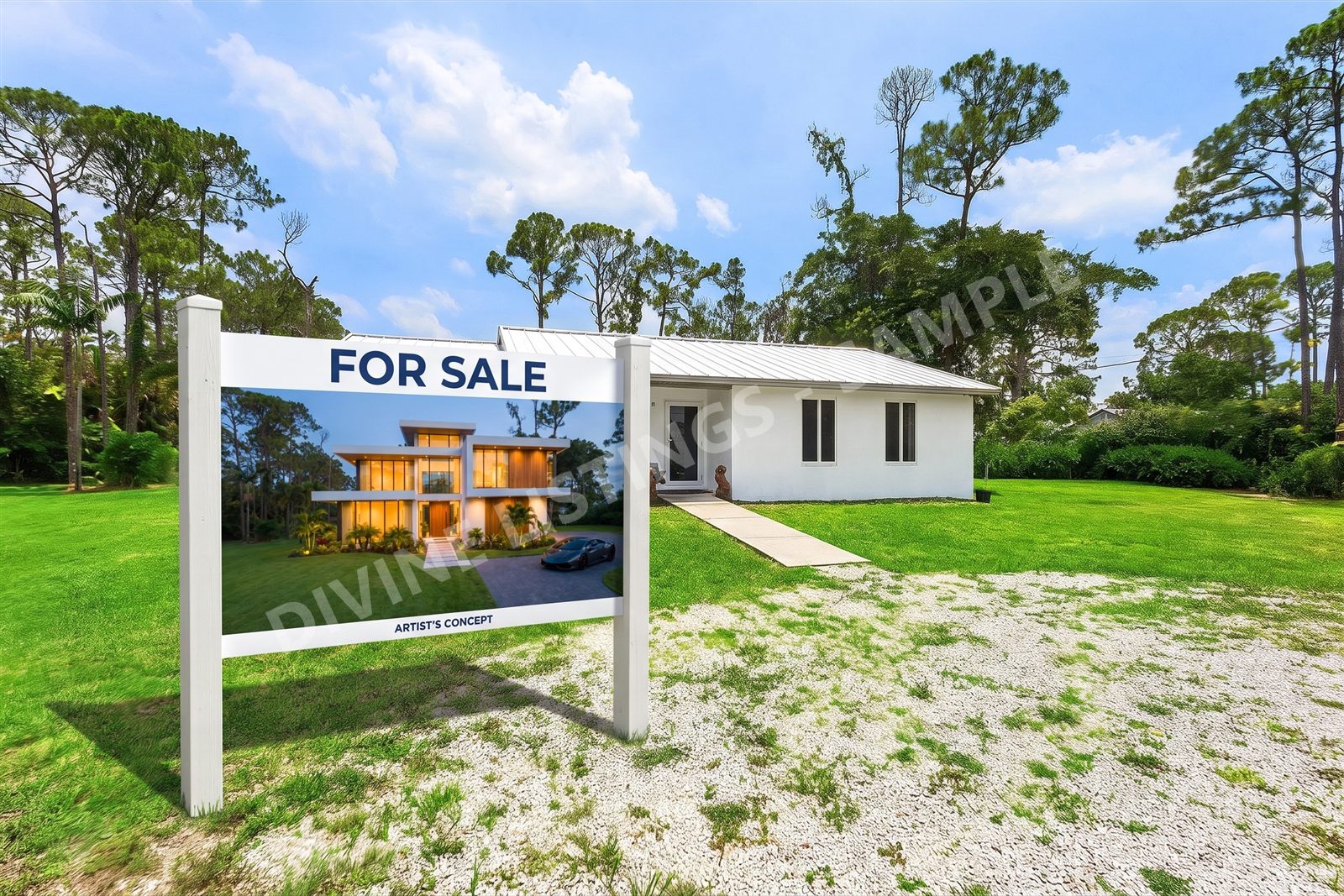 Yard sign mockup — the concept render printed on a FOR SALE sign in front of the real house