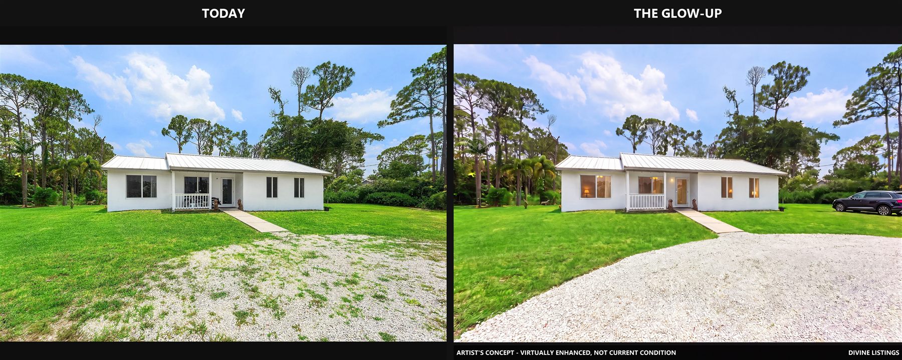 Before and after — rancher front elevation, lights-on glow-up